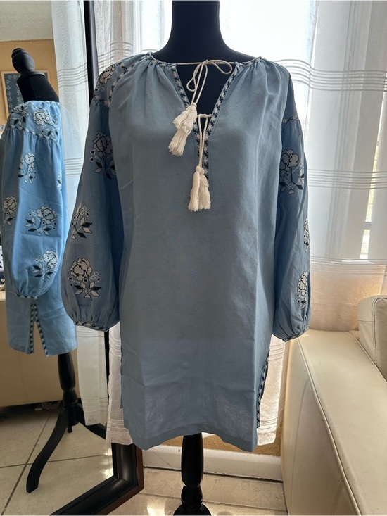 Style Mafia Other - Style Mafia Sky Blue Embroidered Mini Dress Women’s Size M Boho Puff Sleeve Tass
